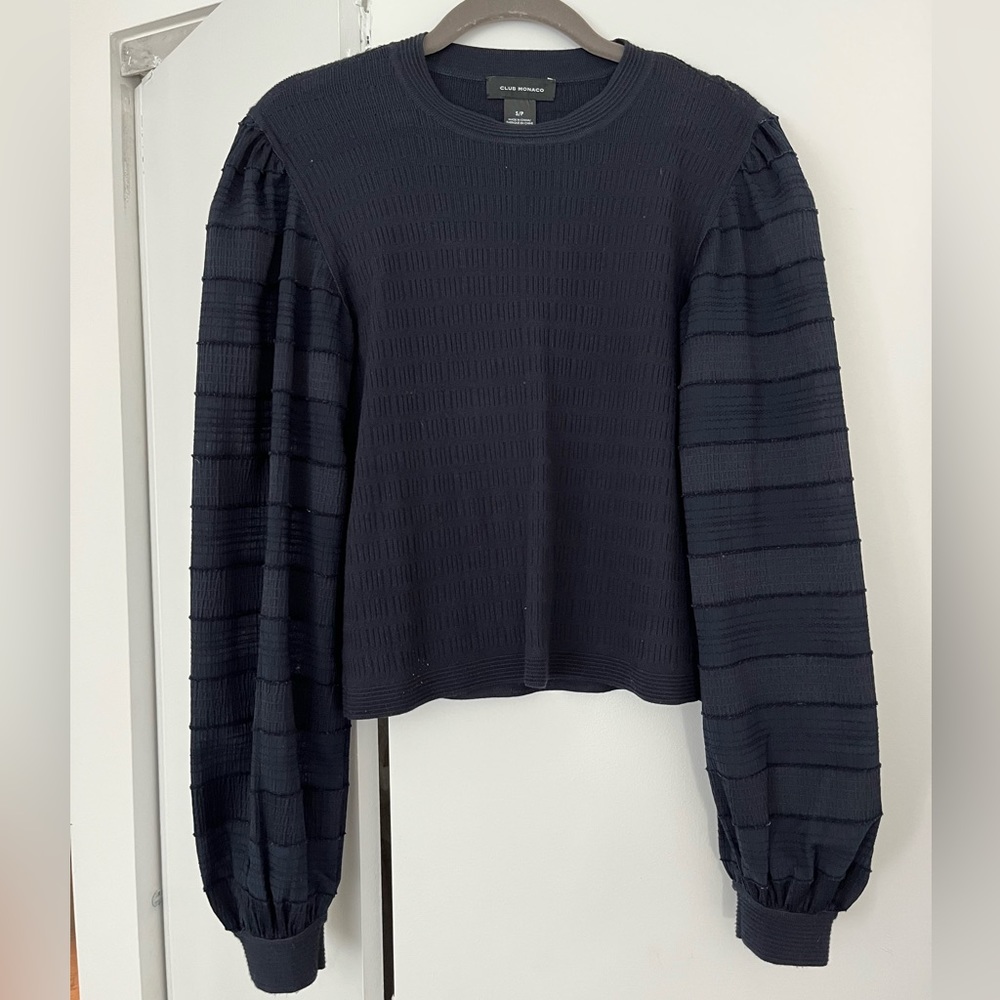 Club Monaco navy sweater with puff sleeves